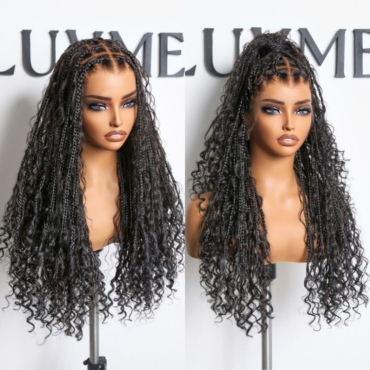 Special Deal | Readitress™ Light Weight Flexi-Fit Invisi Drawstring Cap Full Lace Knotless Boho Curls Braided Long Wig Super Natural Scalp