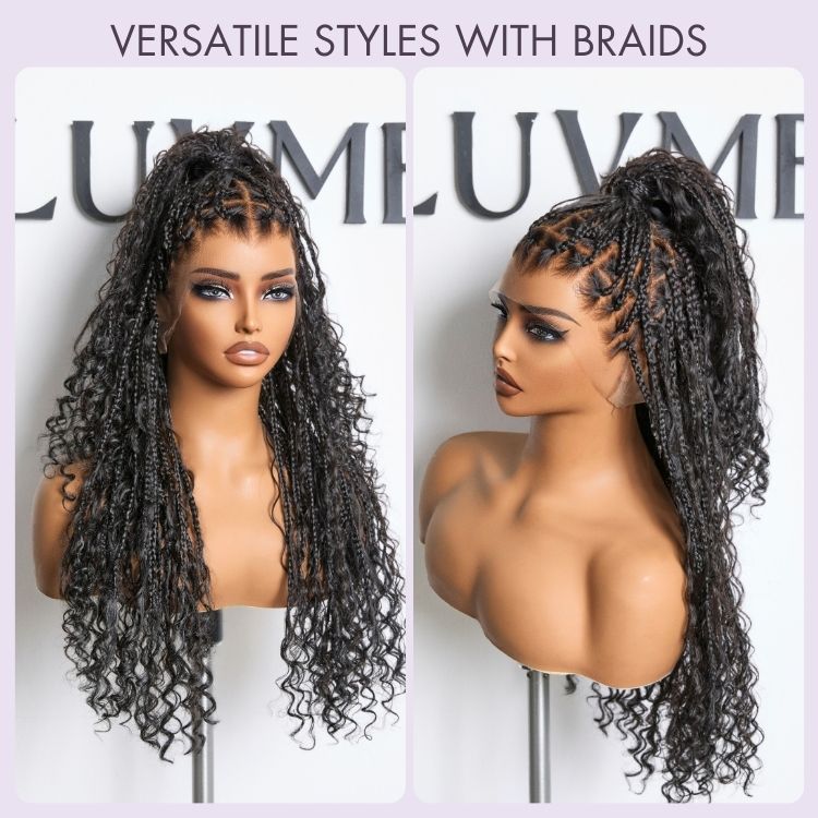 New Customers Only | Light Weight Flexi-Fit Invisi Drawstring Cap Full Lace Knotless Boho Curls Braided Long Wig Super Natural Scalp