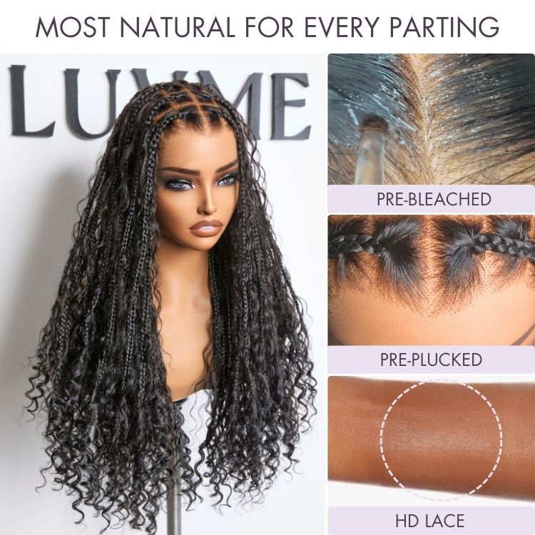 Readitress™ Light Weight Flexi-Fit Invisi Drawstring Cap Full Lace Knotless Boho Curls Braided Long Wig Super Natural Scalp
