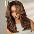 Brown Highlight Middle Part Effortlessly Chic Layered Haircut Wavy Glueless HD Minimalist Lace Short Wig