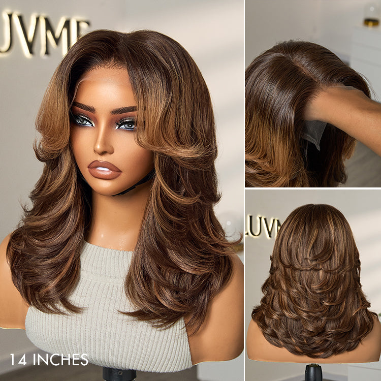 US ONLY | Non-Returnable | 14 Inches Brown Highlight Middle Part Effortlessly Chic Layered Haircut Wavy Glueless HD Minimalist Lace Short Wig