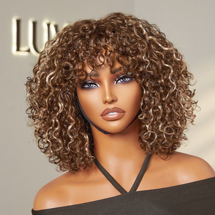 Beginner Friendly Water Wave Minimalist Lace Glueless Short Curly Wig with Bangs