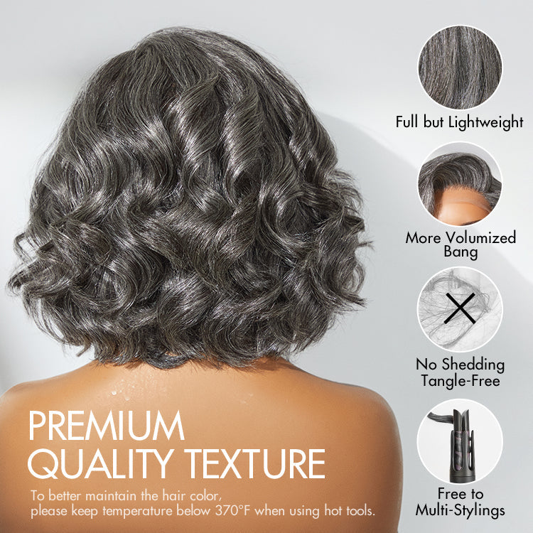 Elegant Salt & Pepper Grey Wig Loose Body Wave Glueless Minimalist Lace Short Wig Pre-Cut Lace