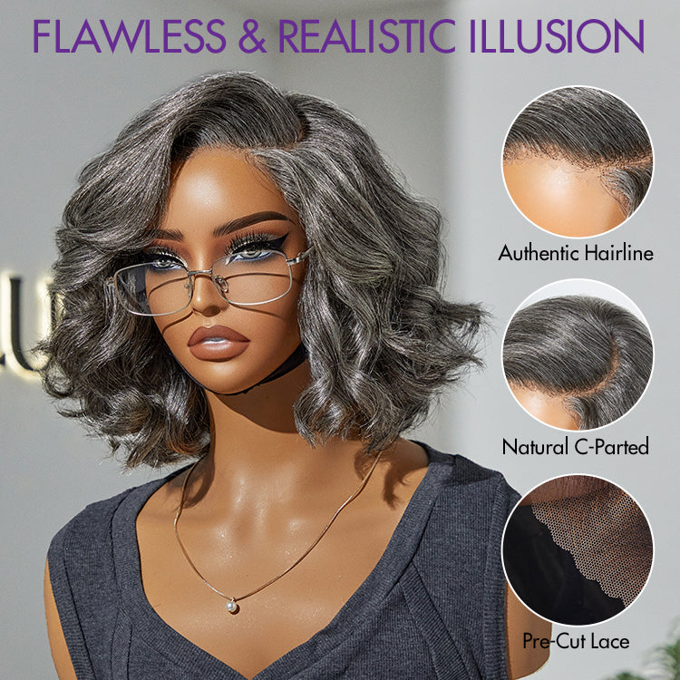 Weekly Special | Elegant Salt & Pepper Grey Wig Loose Body Wave Glueless Minimalist Lace Short Wig Pre-Cut Lace - US Only