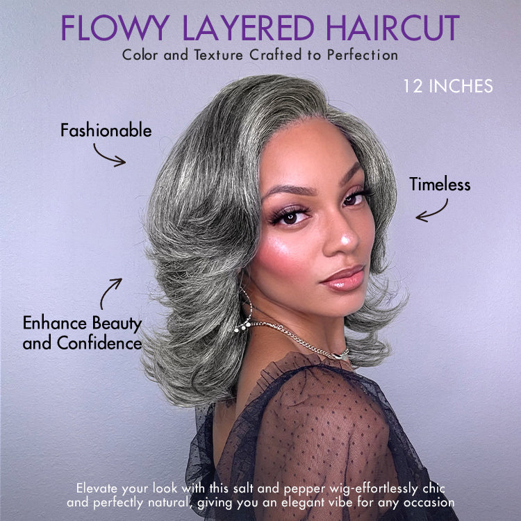 New Customers Only | Layered Blowout Salt and Pepper Glueless Grey Wig Minimalist HD Lace Shoulder Length Wavy Wig