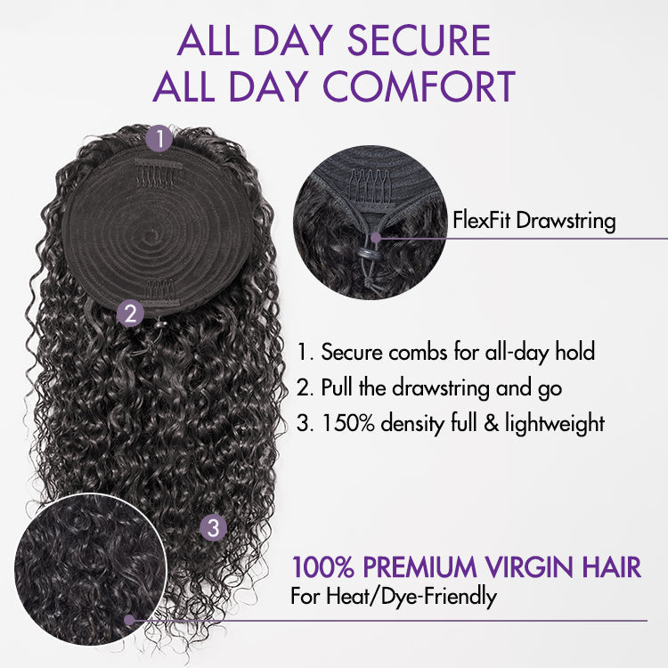 Water Wave Flexi-Fit Drawstring Ponytail Extension Human Hair Natural Black Curly Ponytail