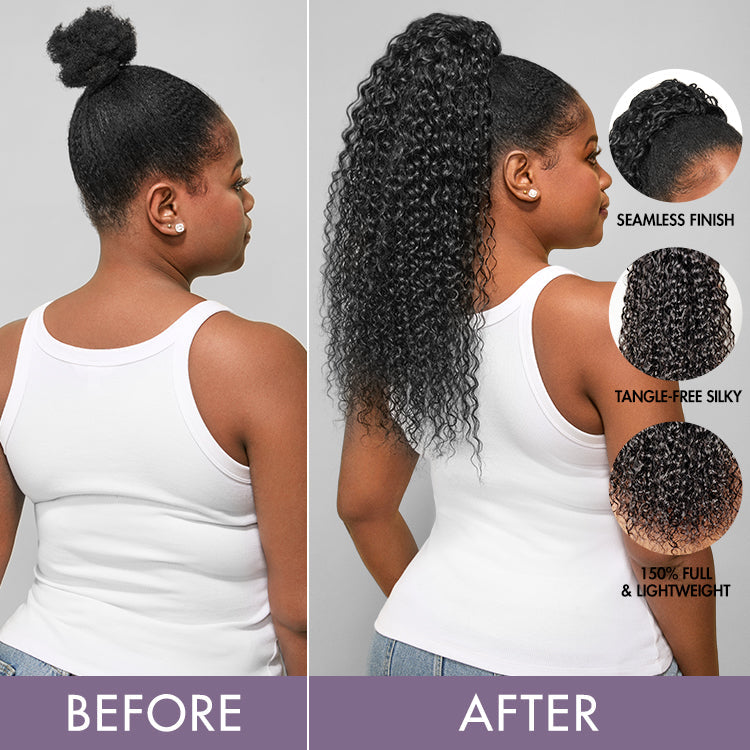 Water Wave Flexi-Fit Drawstring Ponytail Extension Human Hair Natural Black Curly Ponytail