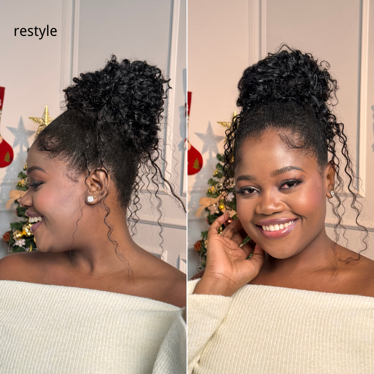 Water Wave Flexi-Fit Drawstring Ponytail Extension Human Hair Natural Black Curly Ponytail