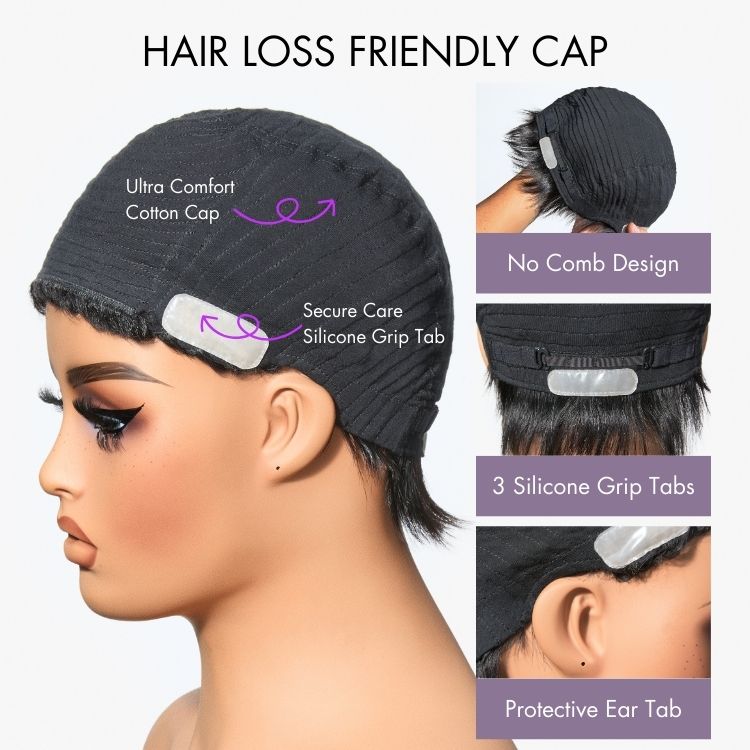 Weekly Special | Throw On & Go Short Cut with Bangs Ultra Comfort Cotton Cap Glueless Wig Hair Loss Friendly - US Only