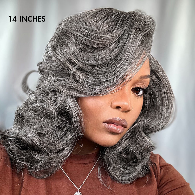 New Customers Only | Layered Blowout Salt and Pepper Glueless Grey Wig Minimalist HD Lace Shoulder Length Wavy Wig