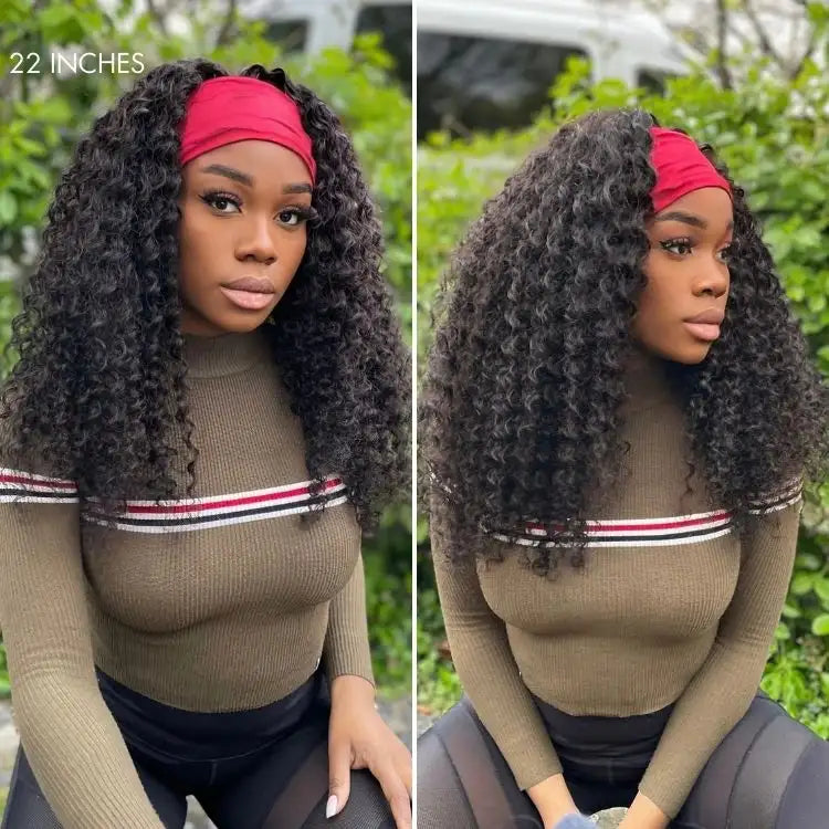Exclusive Sale | Black / Brown Highlight Deep Wave Headband Wig (Get Free Trendy Headbands)