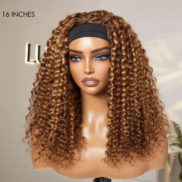 New Customers Only | Black / Brown Highlight Deep Wave Headband Wig (Get Free Trendy Headbands)