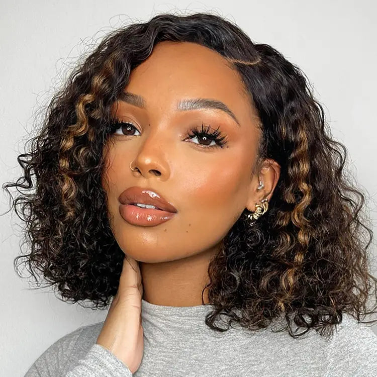 Exclusive Sale | Blonde Highlight Short Curly Glueless Minimalist HD Lace Human Hair Wig