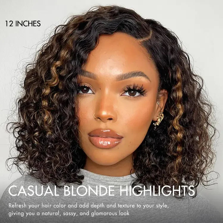 Exclusive Sale | Blonde Highlight Short Curly Glueless Minimalist HD Lace Human Hair Wig