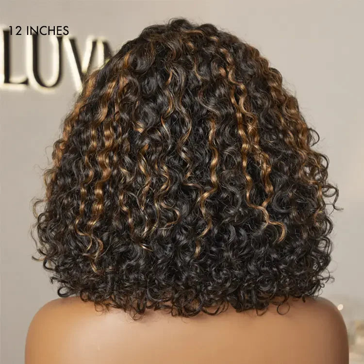 Exclusive Sale | Blonde Highlight Short Curly Glueless Minimalist HD Lace Human Hair Wig