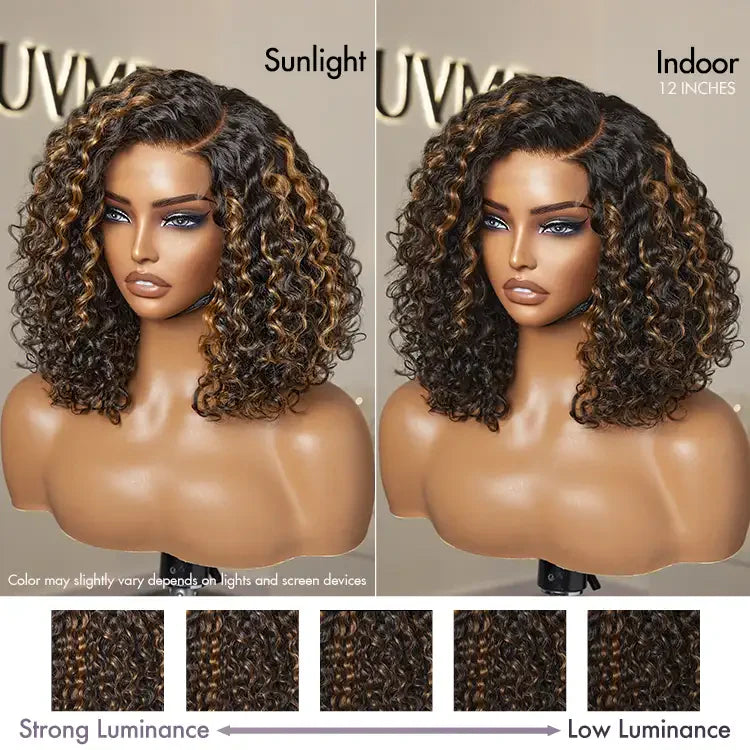 Exclusive Sale | Blonde Highlight Short Curly Glueless Minimalist HD Lace Human Hair Wig