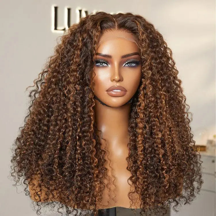 180% Density Copper Highlight Kinky Curly Glueless 5x5 Lace Closure Wig