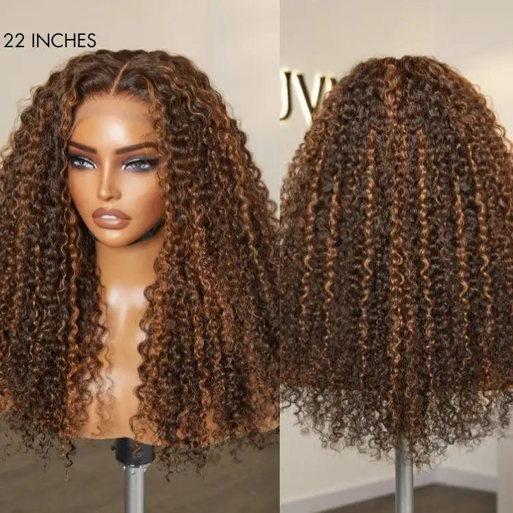 180% Density Copper Highlight Kinky Curly Glueless 5x5 Lace Closure Wig