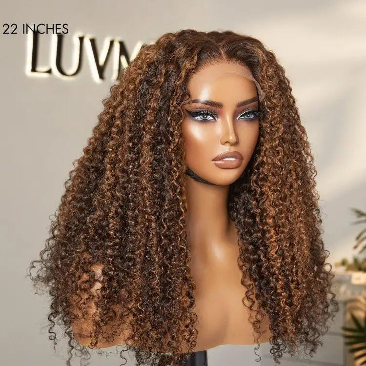 180% Density Copper Highlight Kinky Curly Glueless 5x5 Lace Closure Wig