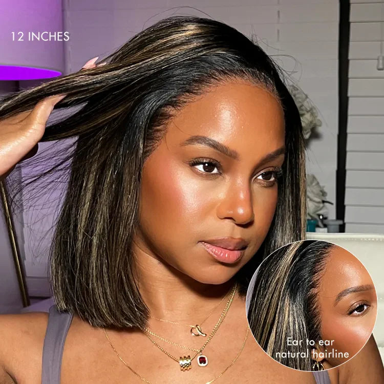 New Customers Only | PreMax Wigs - Natural Black / Blonde Highlight C Part Glueless Lace Front Bob Wig