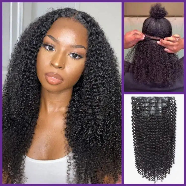 New Customers Only | Kinky Curly Invisible Edge Seamless Clip in Extensions Human Hair with Free Gift