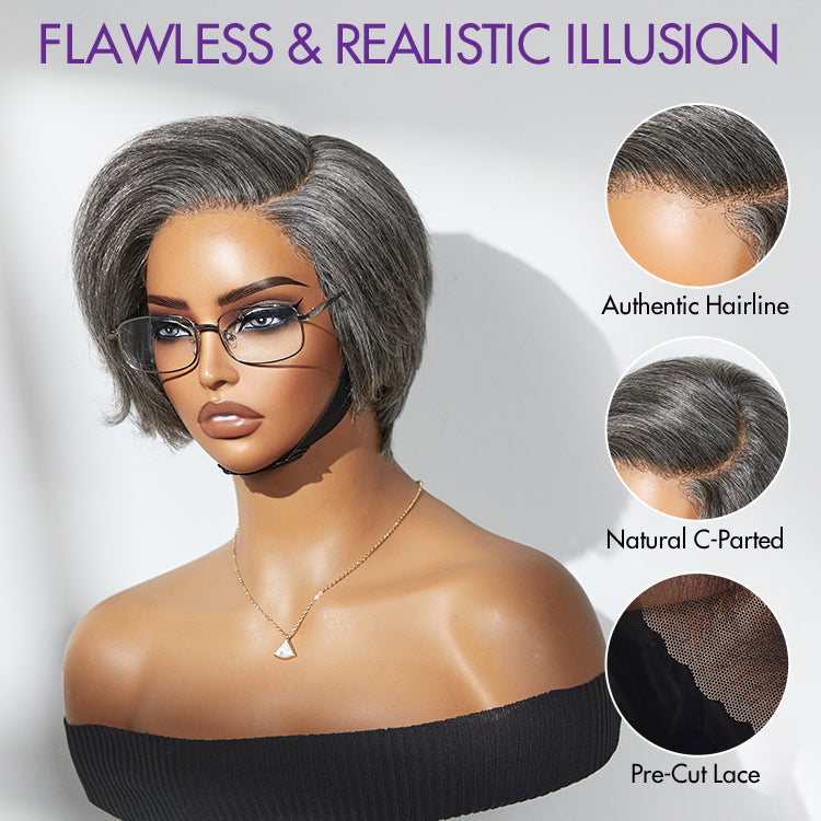 New Customers Only | Salt and Pepper Short Pixie Cut Wig Glueless Minimalist HD Lace Grey Wig Pre-Cut Lace