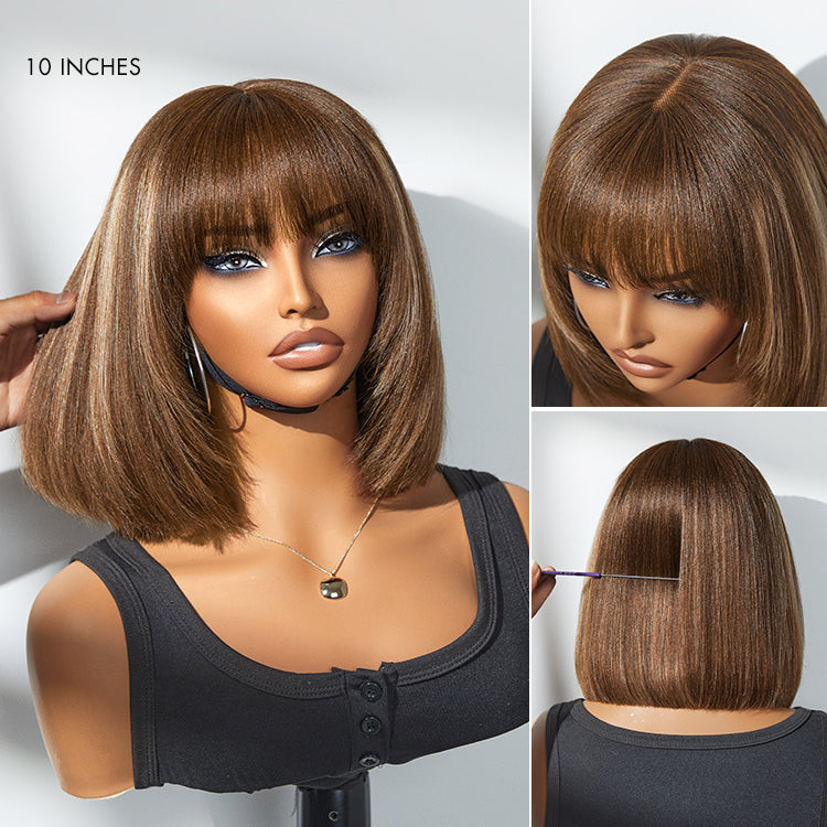 Exclusive Sale | Put On and Go Reddish Purple / Brown Highlight / Natural Black Layered Cut Yaki Straight Minimalist Lace Bob Wig with Bangs