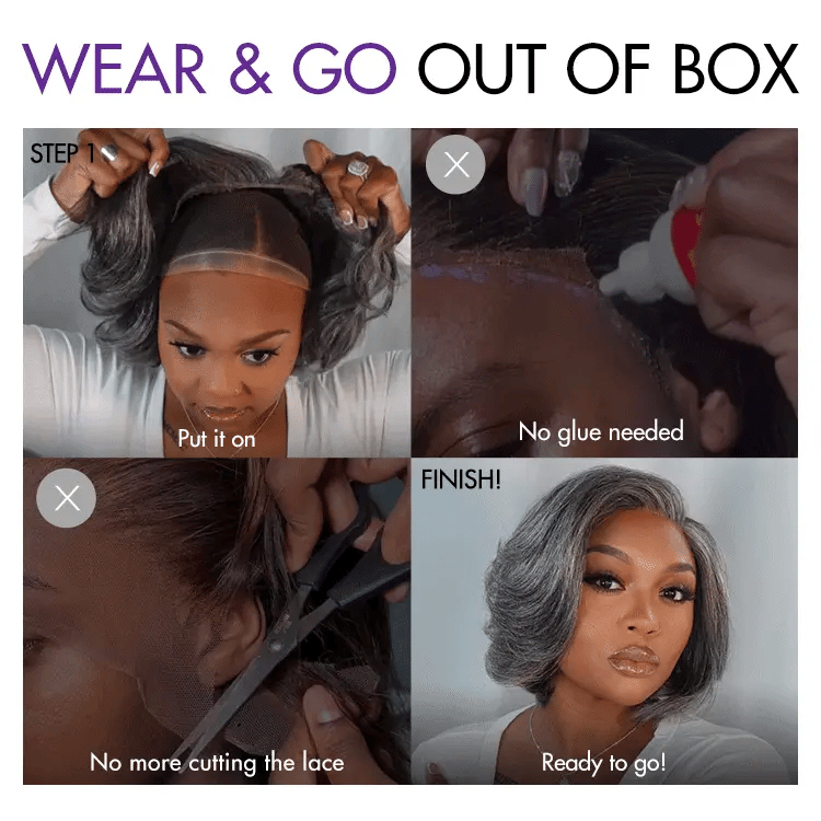 Put On and Go Salt and Pepper Layered Bob Glueless Pre-Cut Minimalist Lace Grey Wig