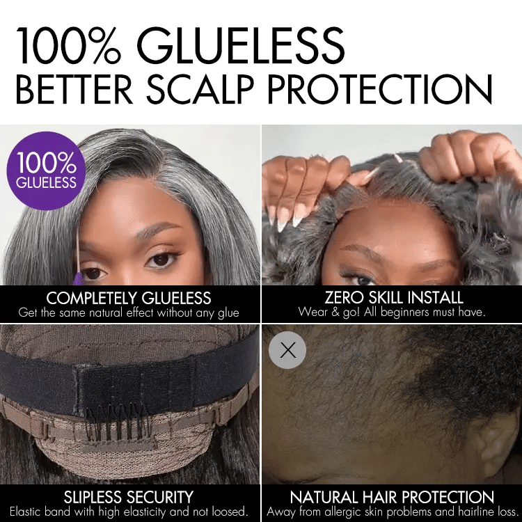 Put On and Go Salt and Pepper Layered Bob Glueless Pre-Cut Minimalist Lace Grey Wig