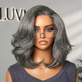 Put On and Go Salt and Pepper Layered Bob Glueless Pre-Cut Minimalist Lace Grey Wig