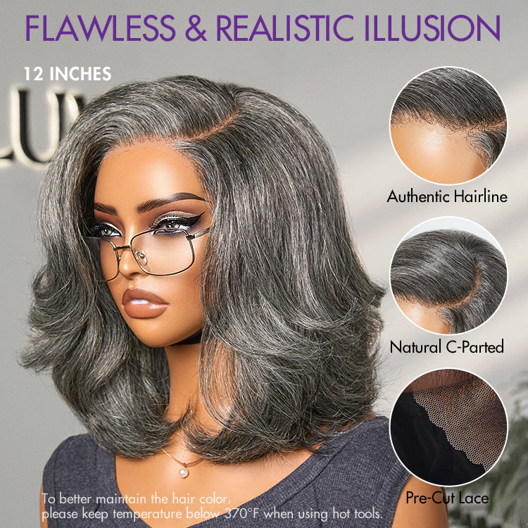 Put On and Go Salt and Pepper Layered Bob Glueless Pre-Cut Minimalist Lace Grey Wig