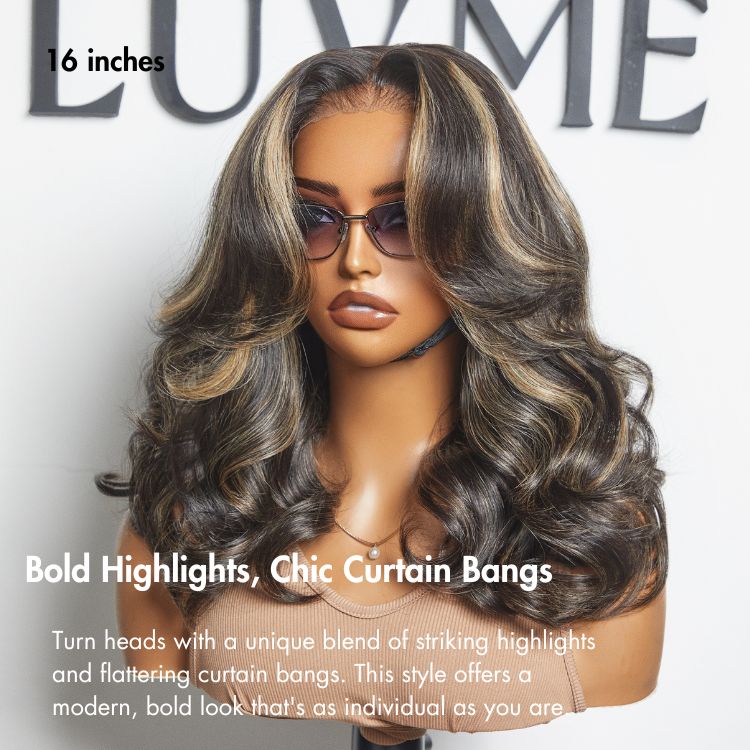 Curtain Bangs Blonde Highlight Loose Wave Glueless 5x5 Closure Pre-Cut Lace Wig All Head Sizes Fit Cap