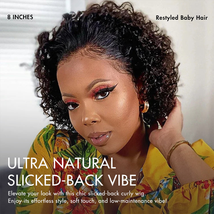 Brown Highlight / Jet Black Short Cut Slicked Back Curly Ear-to-ear Wide T Lace Wig