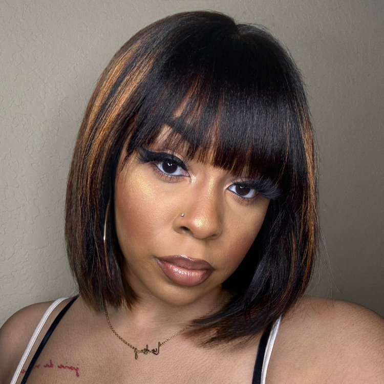 Special Deal | Put On and Go Ash Blonde Highlight / Brown Highlight / Natural Black Layered Cut Yaki Straight Minimalist Lace Bob Wig