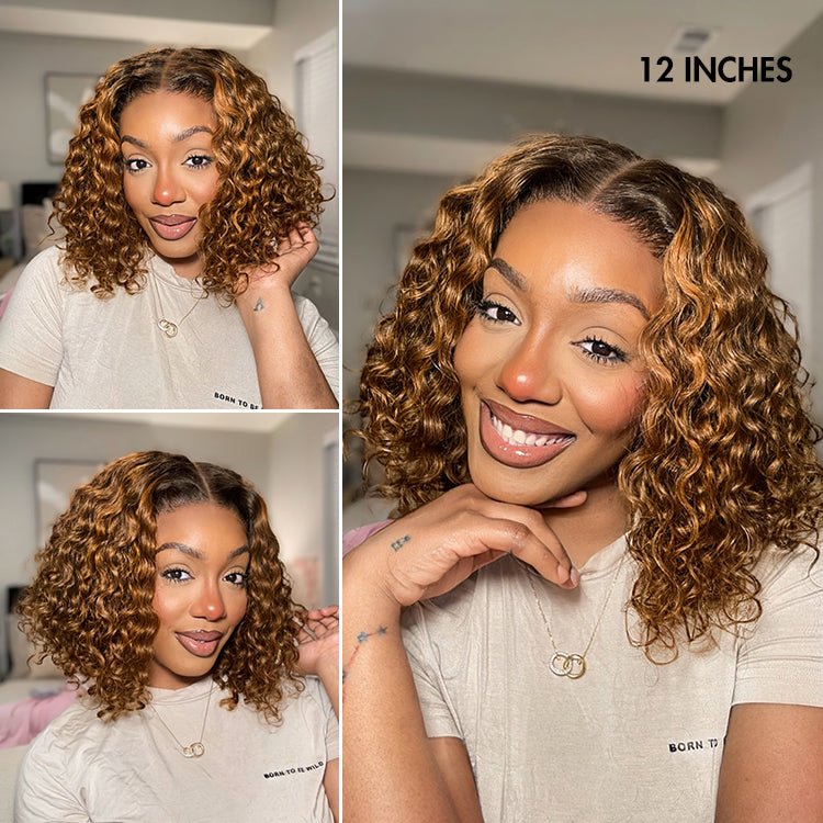 New Customers Only | Brown Highlight / Natural Black / Blonde Highlight Deep Curly Glueless 5x5 Closure Pre-Cut Lace Wig