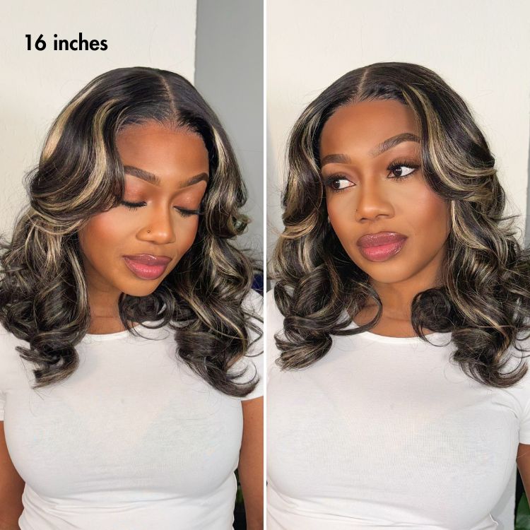 Curtain Bangs Blonde Highlight Loose Wave Glueless 5x5 Closure Pre-Cut Lace Wig All Head Sizes Fit Cap