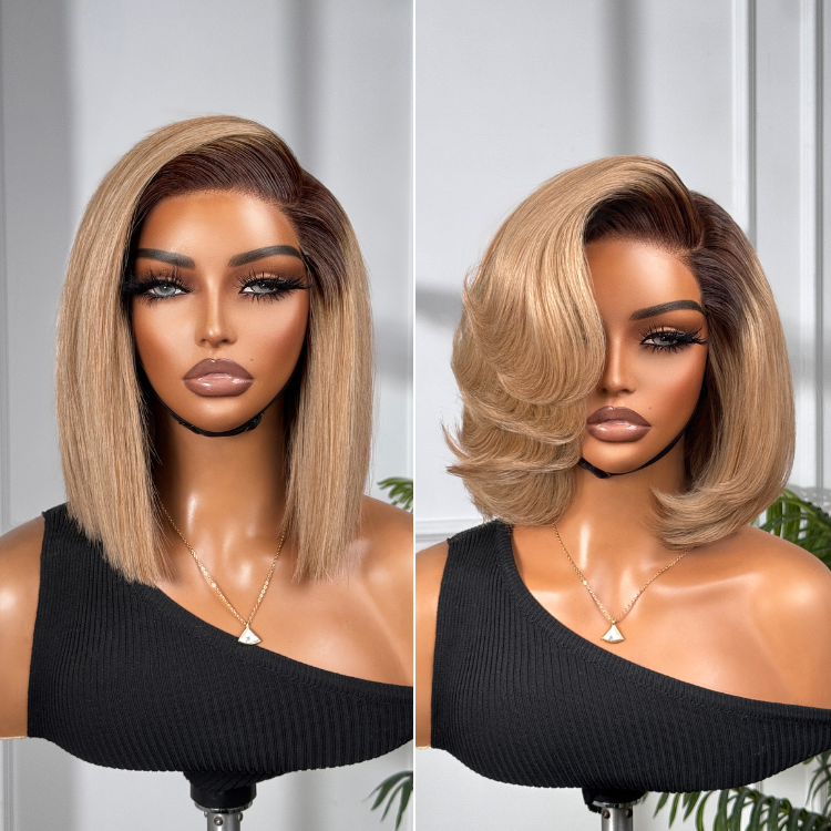 Ash Blonde Ombre Blunt Cut Bob Glueless Minimalist HD Lace Short Bob Wig Ready to Go Pre-Cut Lace