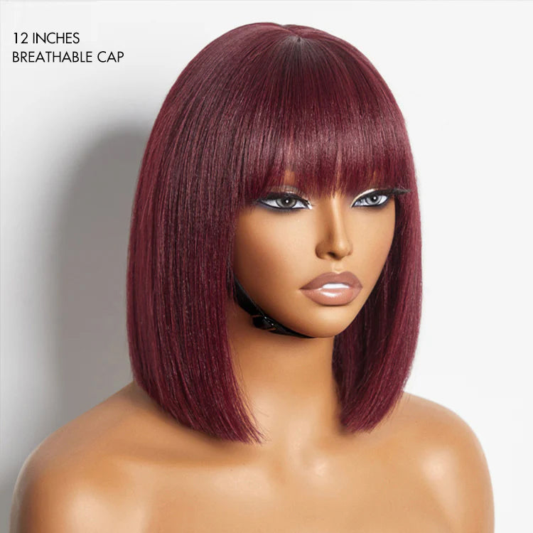 Weekly Special | Put On and Go Realistic Glueless Yaki Straight Bob with Bangs Minimalist Lace Wig 100% Human Hair