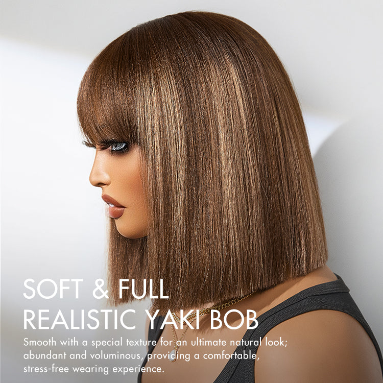 Special Deal | Put On and Go Realistic Glueless Yaki Straight Bob with Bangs Minimalist Lace Wig 100% Human Hair