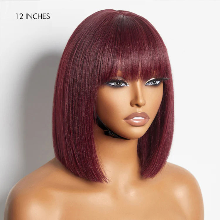 New Customers Only | Put On and Go Realistic Glueless Yaki Straight Bob with Bangs Minimalist Lace Wig 100% Human Hair
