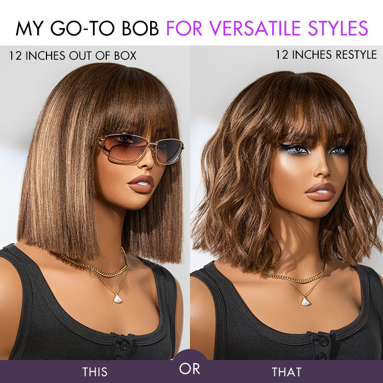 Put On and Go Realistic Glueless Yaki Straight Bob with Bangs Minimalist Lace Wig 100% Human Hair