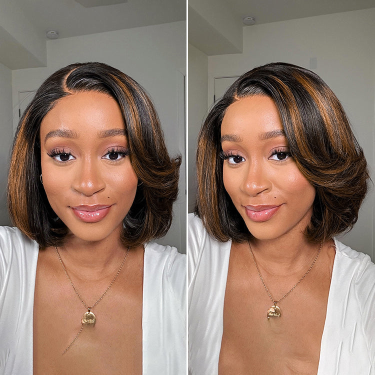 New Customers Only | Limited Design | Toffee Brown Mix Blonde / Natural Black Layered Cut Glueless 5x5 Closure Lace Bob Wig