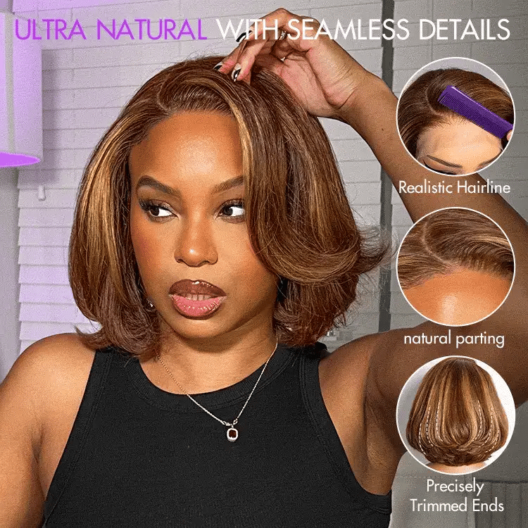 New Customers Only | Limited Design | Toffee Brown Mix Blonde / Natural Black Layered Cut Glueless 5x5 Closure Lace Bob Wig