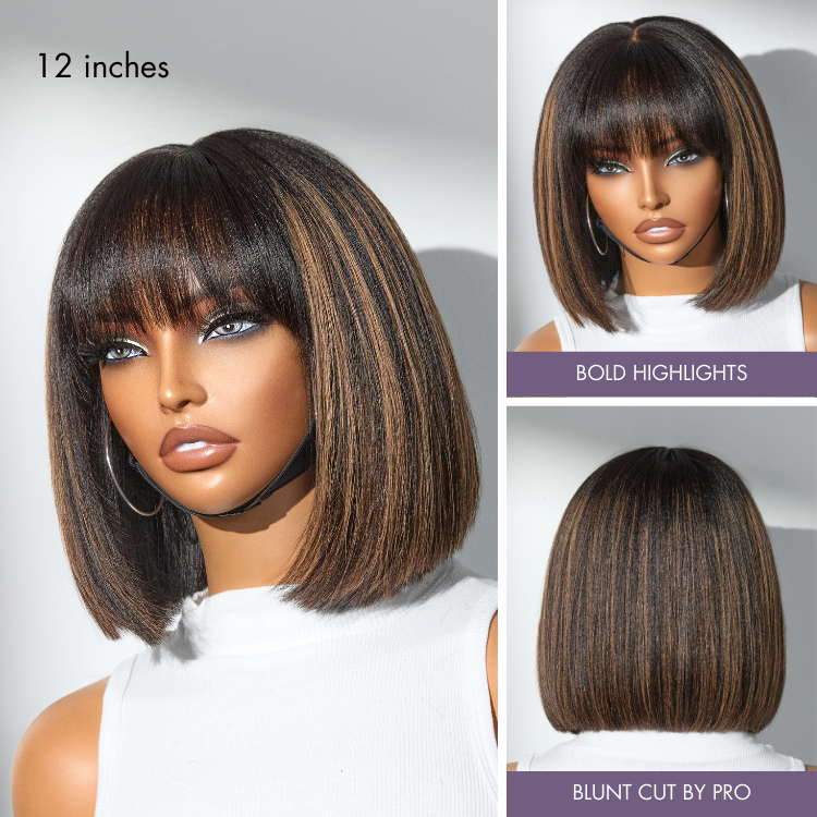 Put On and Go Realistic Glueless Yaki Straight Bob with Bangs Minimalist Lace Wig 100% Human Hair