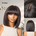 Put On and Go Realistic Glueless Yaki Straight Bob with Bangs Minimalist Lace Wig 100% Human Hair