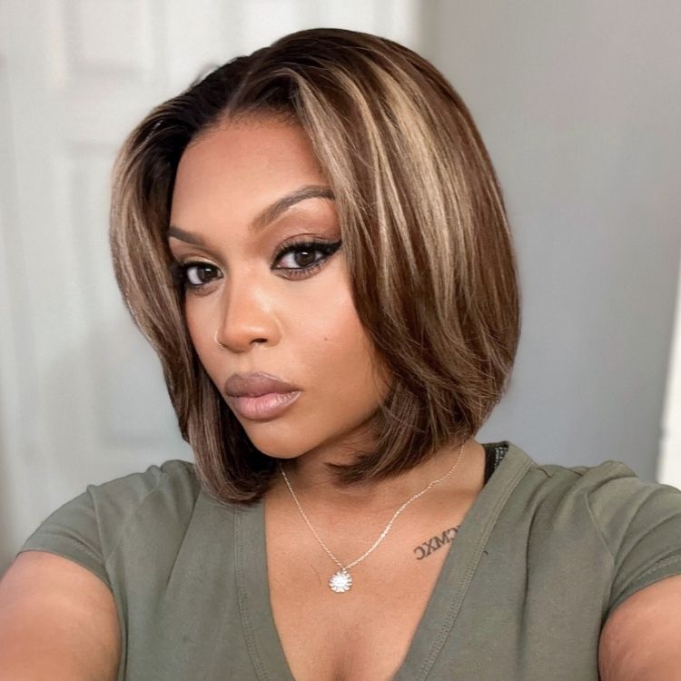 Tiktok Exclusive Deal | Blonde Highlight / Brown Highlight Short Layered Bob Wig Glueless 5x5 Closure Pre-Cut Lace Wig