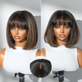 Put On and Go Brown Highlight Yaki Bob with Bangs Glueless Minimalist Lace Wig Breathable Cap