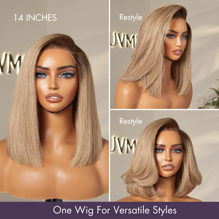 Ash Blonde Ombre Blunt Cut Bob Glueless Minimalist HD Lace Short Bob Wig Ready to Go Pre-Cut Lace