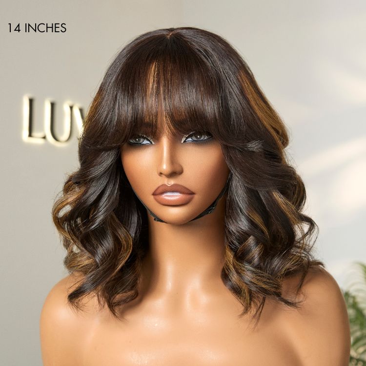 True Scalp Blonde Highlight Loose Wave Glueless Minimalist Lace Wig with Bangs