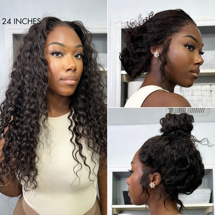 Water Wave 360 Lace Flexi-Fit Invisi Drawstring Cap Long Wig 100% Human Hair Pre-bleached & Pre-plucked & Pre-Cut Lace